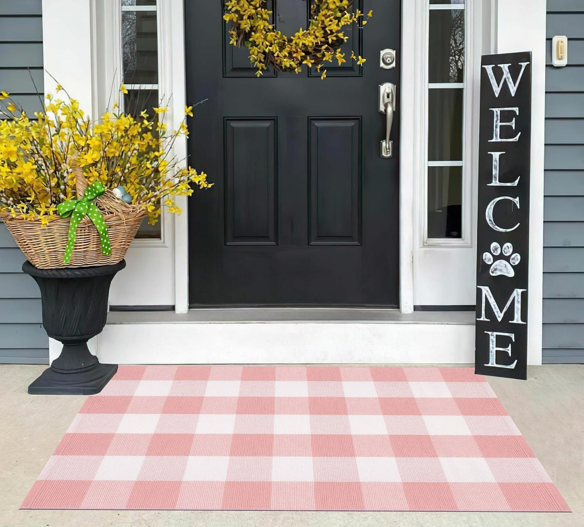 Pink White Layered Doormat 27.5"x43.3"Washable Buffalo Plaid Outdoor Rug