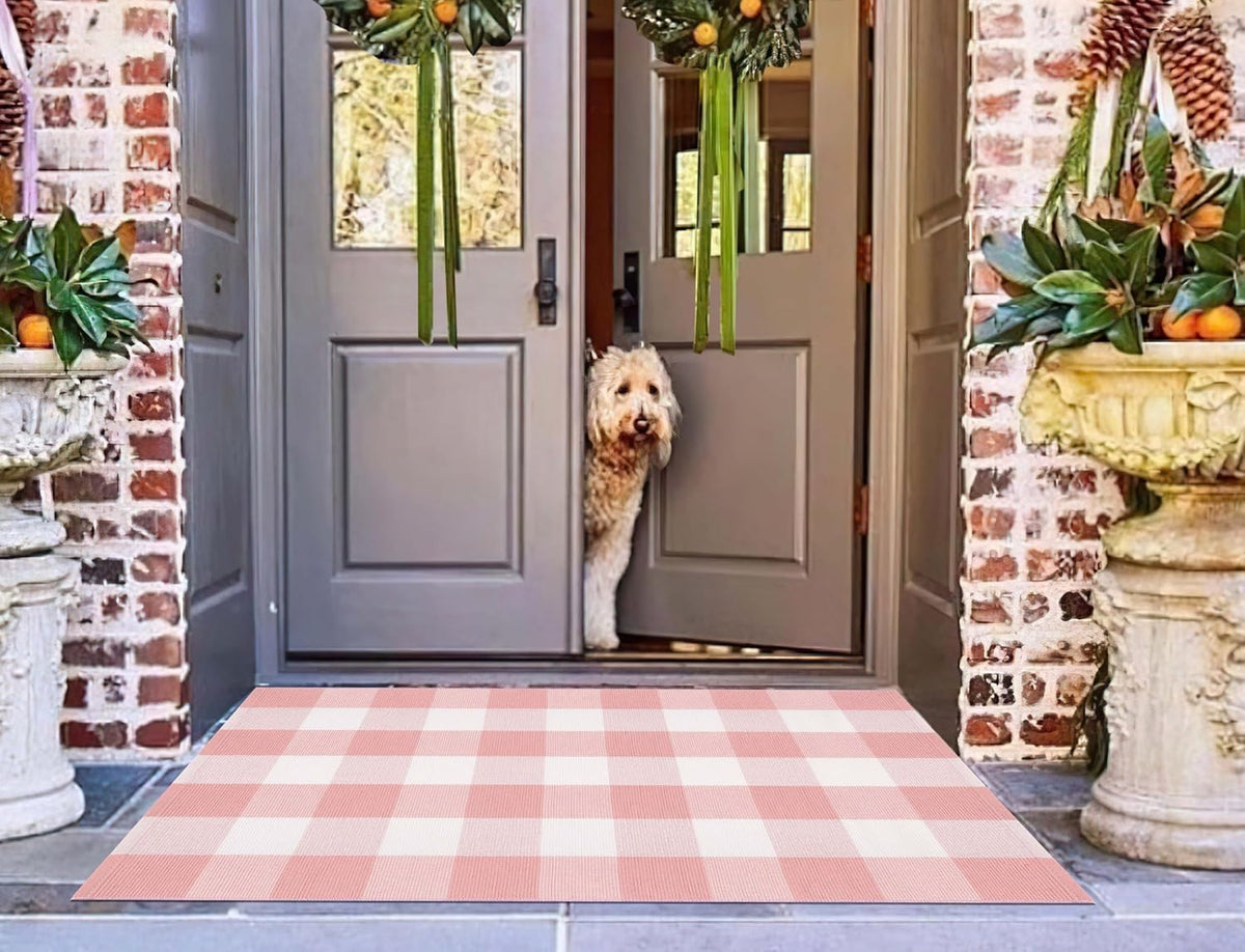 Pink White Layered Doormat 27.5"x43.3"Washable Buffalo Plaid Outdoor Rug