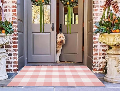 Pink White Layered Doormat 27.5"x43.3"Washable Buffalo Plaid Outdoor Rug