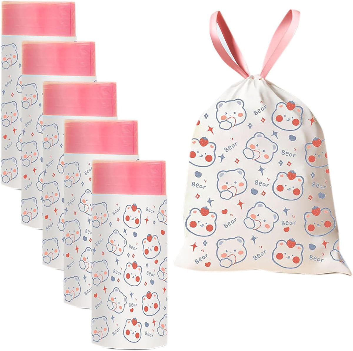 4 Gallon Trash Bags 75 Count- Drawstring small trash Bags 1.1mil Thick for Bathroom, Kitchen, Bedroom, Office Toilet Home (White-pink, 75Counts)