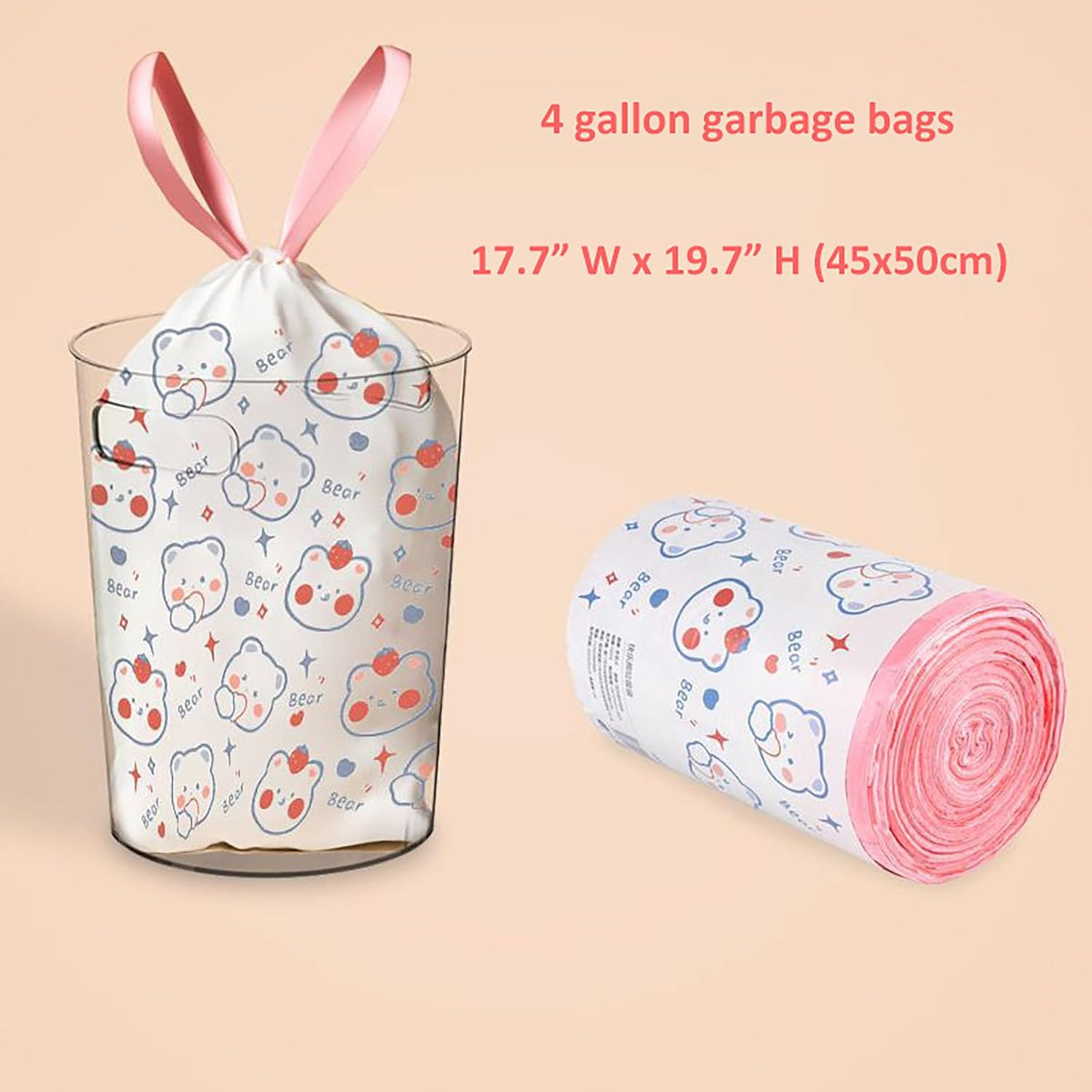 4 Gallon Trash Bags 75 Count- Drawstring small trash Bags 1.1mil Thick for Bathroom, Kitchen, Bedroom, Office Toilet Home (White-pink, 75Counts)