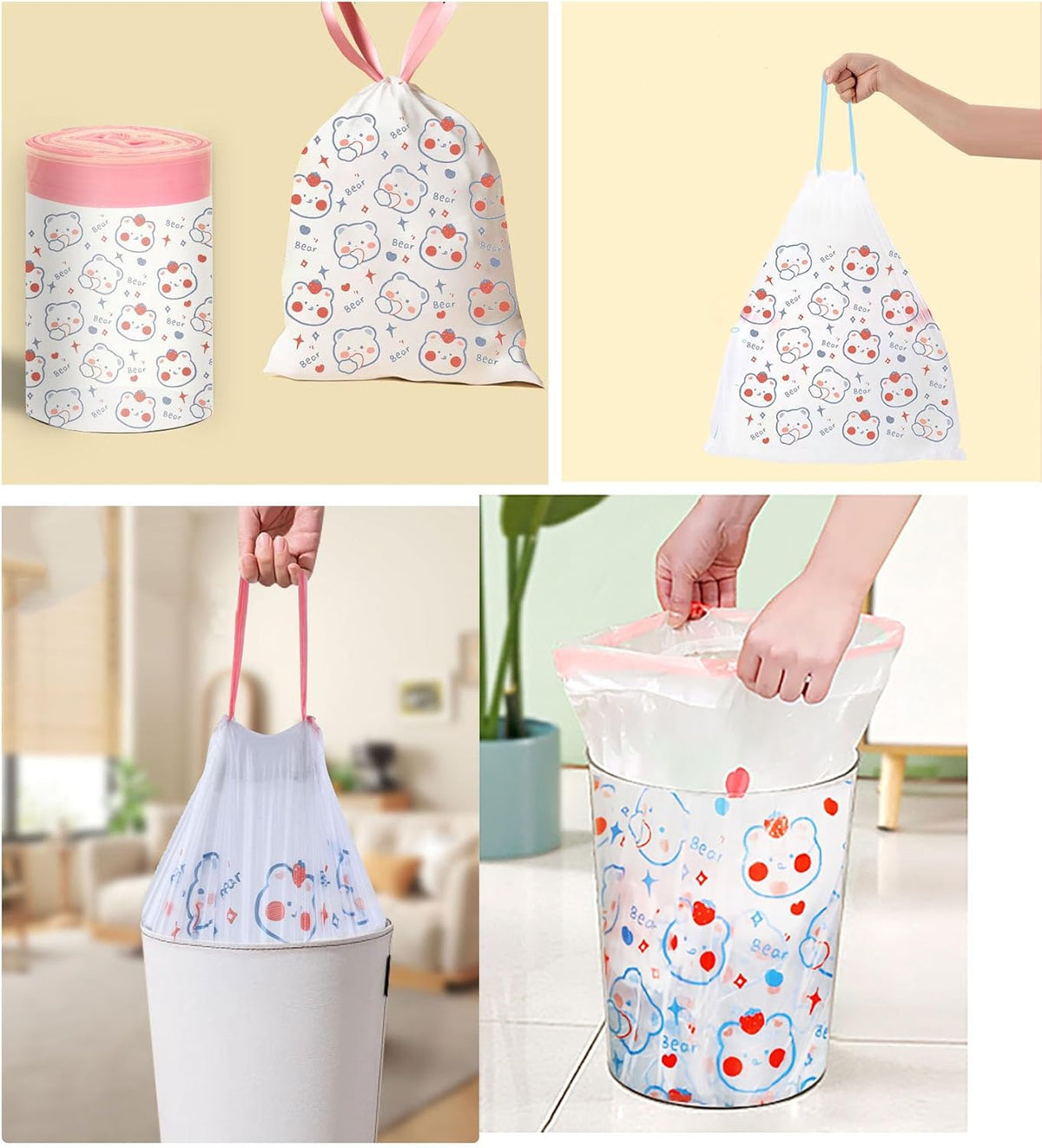4 Gallon Trash Bags 75 Count- Drawstring small trash Bags 1.1mil Thick for Bathroom, Kitchen, Bedroom, Office Toilet Home (White-pink, 75Counts)