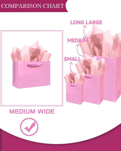 5PCS Pink Gift Bags with Ribbon Handles 9.6"x7.9"x4.3" Medium Size Gift Bags (Tissue Paper included, Medium Wide)