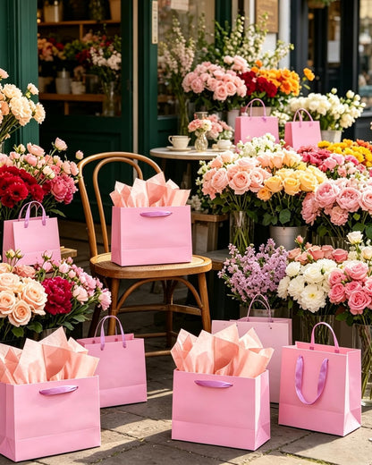 5PCS Pink Gift Bags with Ribbon Handles 9.6"x7.9"x4.3" Medium Size Gift Bags (Tissue Paper included, Medium Wide)