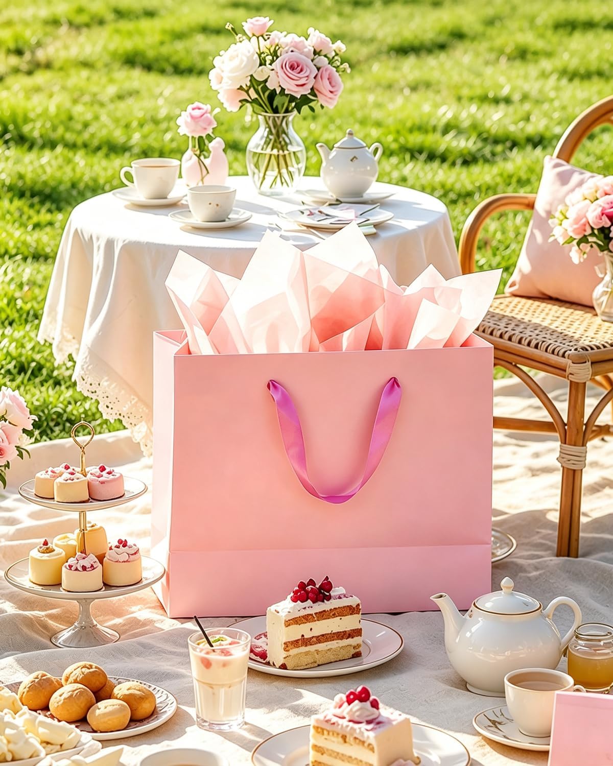 5PCS Pink Gift Bags with Ribbon Handles 9.6"x7.9"x4.3" Medium Size Gift Bags (Tissue Paper included, Medium Wide)