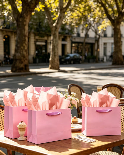 5PCS Pink Gift Bags with Ribbon Handles 9.6"x7.9"x4.3" Medium Size Gift Bags (Tissue Paper included, Medium Wide)