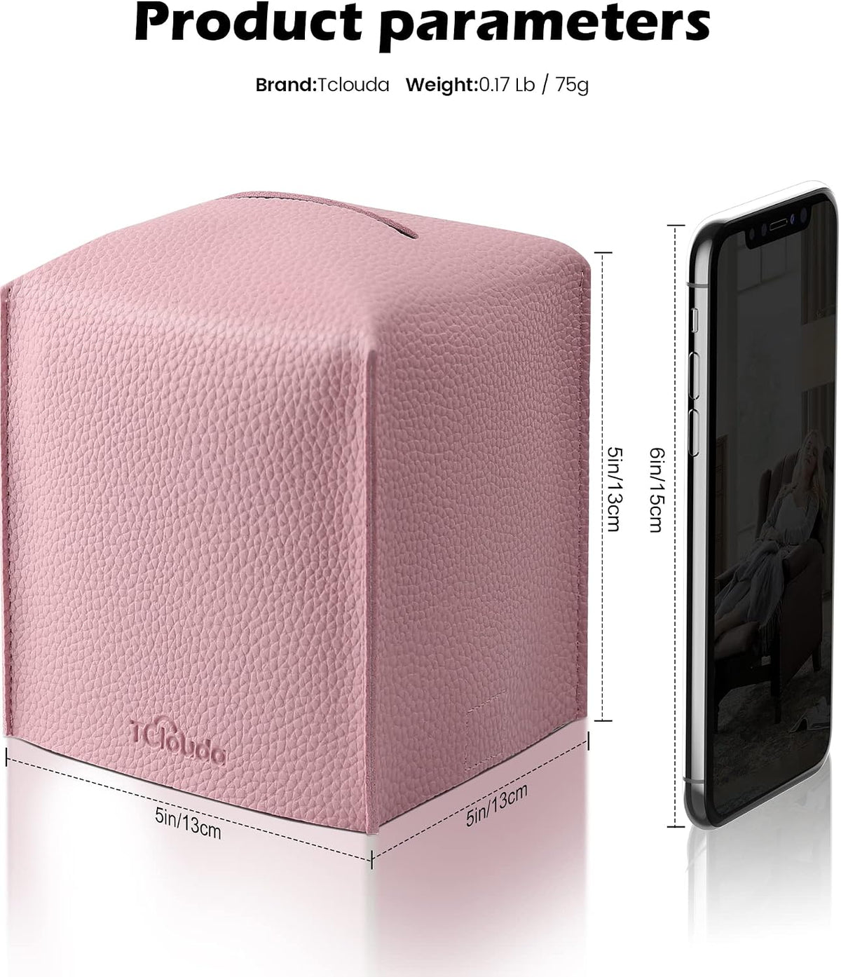 Tissue Box Cover for PU Leather, Modern Simple Solid Color Holder Square Tissue Bag, Ideal for Bathrooms,Office,Car,Nightstand,Outdoor Tent,Dining Table,5"X5"X5", Single Pink