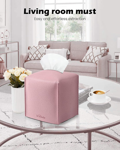 Tissue Box Cover for PU Leather, Modern Simple Solid Color Holder Square Tissue Bag, Ideal for Bathrooms,Office,Car,Nightstand,Outdoor Tent,Dining Table,5"X5"X5", Single Pink