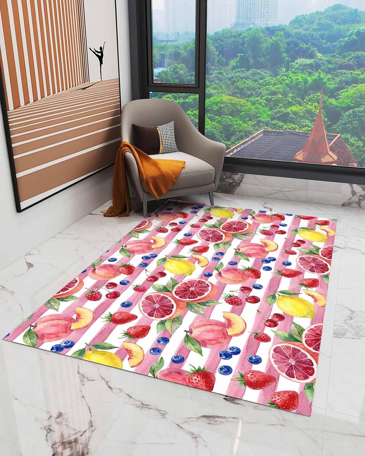 Summer Peach Lemon Grapefruit Area Rug, Living Room & Bedroom Decor, Blueberry Strawberry Pink Stripe Plush Carpet 60x96in