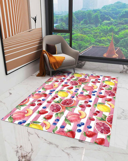 Summer Peach Lemon Grapefruit Area Rug, Living Room & Bedroom Decor, Blueberry Strawberry Pink Stripe Plush Carpet 60x96in