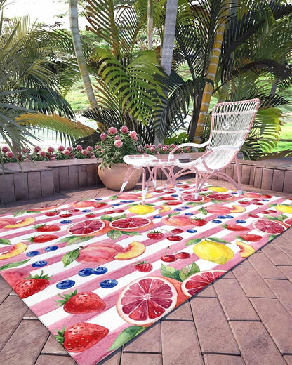 Summer Peach Lemon Grapefruit Area Rug, Living Room & Bedroom Decor, Blueberry Strawberry Pink Stripe Plush Carpet 60x96in