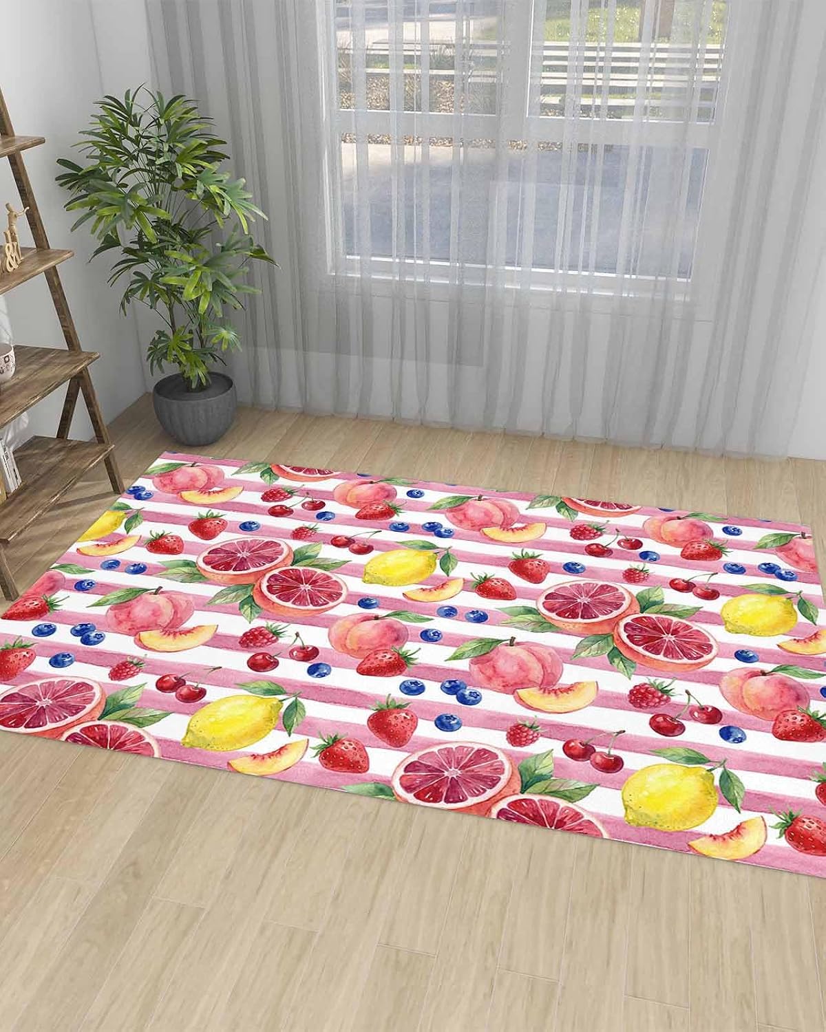 Summer Peach Lemon Grapefruit Area Rug, Living Room & Bedroom Decor, Blueberry Strawberry Pink Stripe Plush Carpet 60x96in