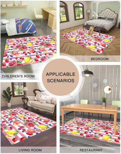 Summer Peach Lemon Grapefruit Area Rug, Living Room & Bedroom Decor, Blueberry Strawberry Pink Stripe Plush Carpet 60x96in
