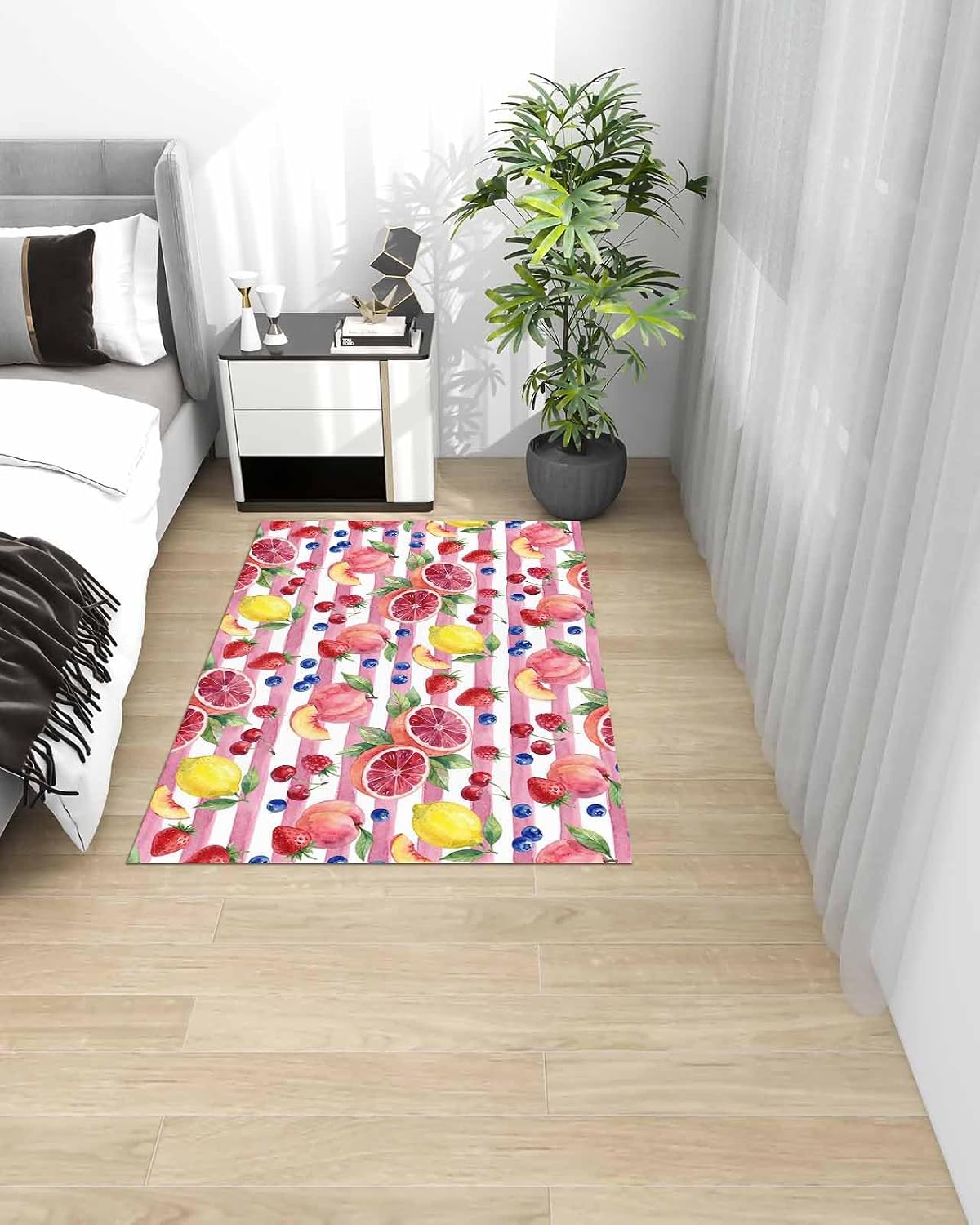 Summer Peach Lemon Grapefruit Area Rug, Living Room & Bedroom Decor, Blueberry Strawberry Pink Stripe Plush Carpet 60x96in