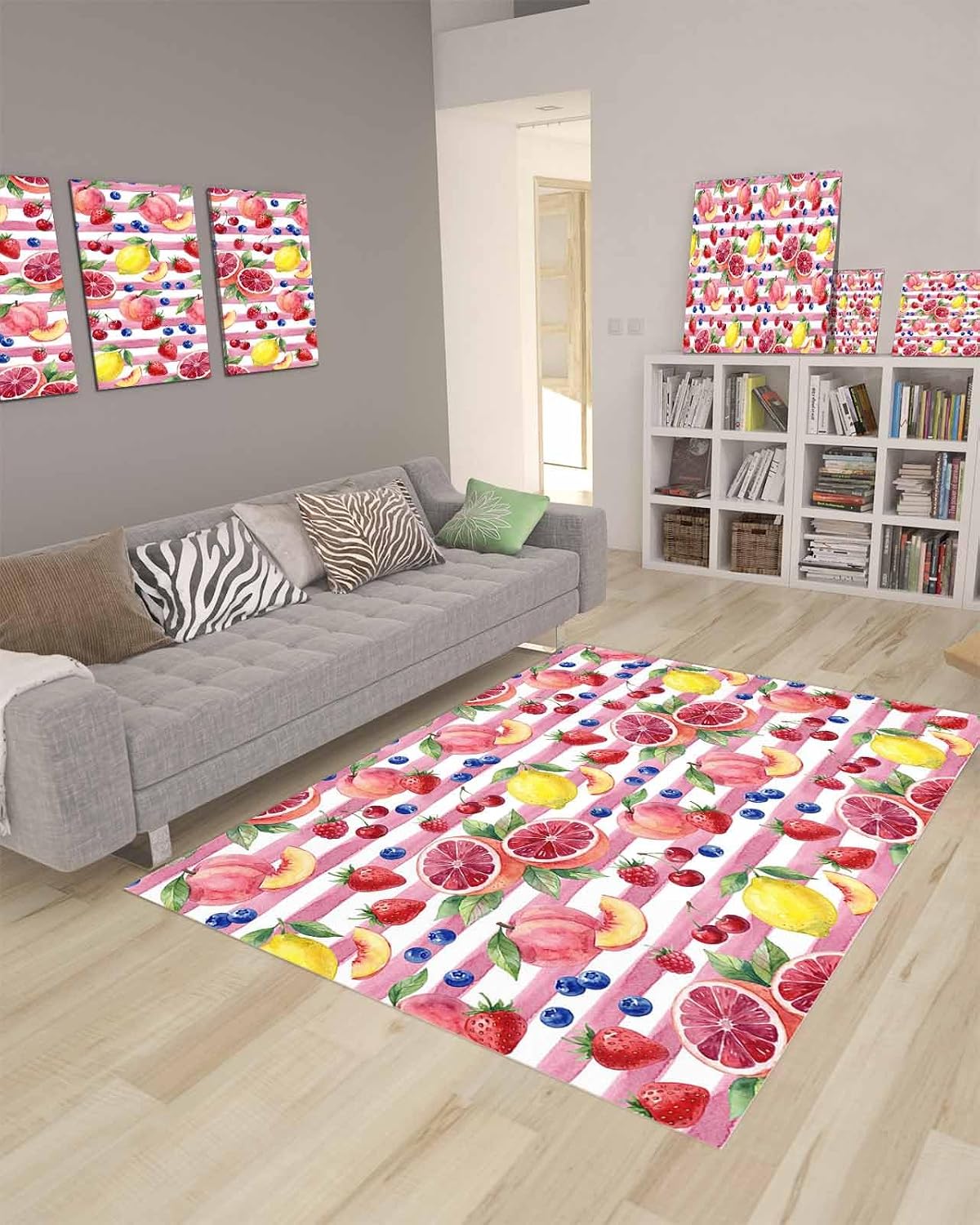 Summer Peach Lemon Grapefruit Area Rug, Living Room & Bedroom Decor, Blueberry Strawberry Pink Stripe Plush Carpet 60x96in