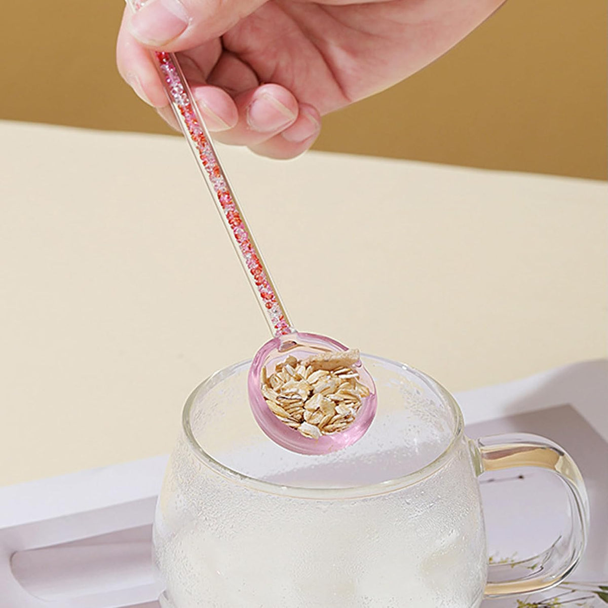 Glass Coffee Stirring Spoons Clear Crystal Cocktail Mixing Spoon Candy Color Teaspoons Ice Cream Jam Yogurt Salt Sugar Scoop Swizzle Stick Stirrer for Bar Cafe Party Banquet (Pink-B)