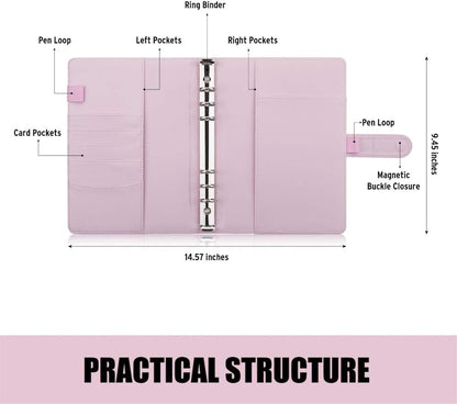 A5 Binder with 6 Rings, Refillable Notebook Planner Cover, Small Leather Organizer, Pink