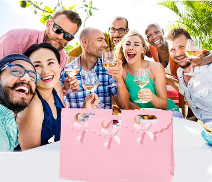 12pcs Pink Bow Gift Bags with Handles，Paper Flap Bags for Barbie Party Favors, Mothers Day, Weddings, Birthday Celebration, Baby Shower，Graduation，Valentine's Day，8.26×5.7×2.36inch