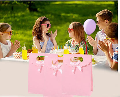 12pcs Pink Bow Gift Bags with Handles，Paper Flap Bags for Barbie Party Favors, Mothers Day, Weddings, Birthday Celebration, Baby Shower，Graduation，Valentine's Day，8.26×5.7×2.36inch
