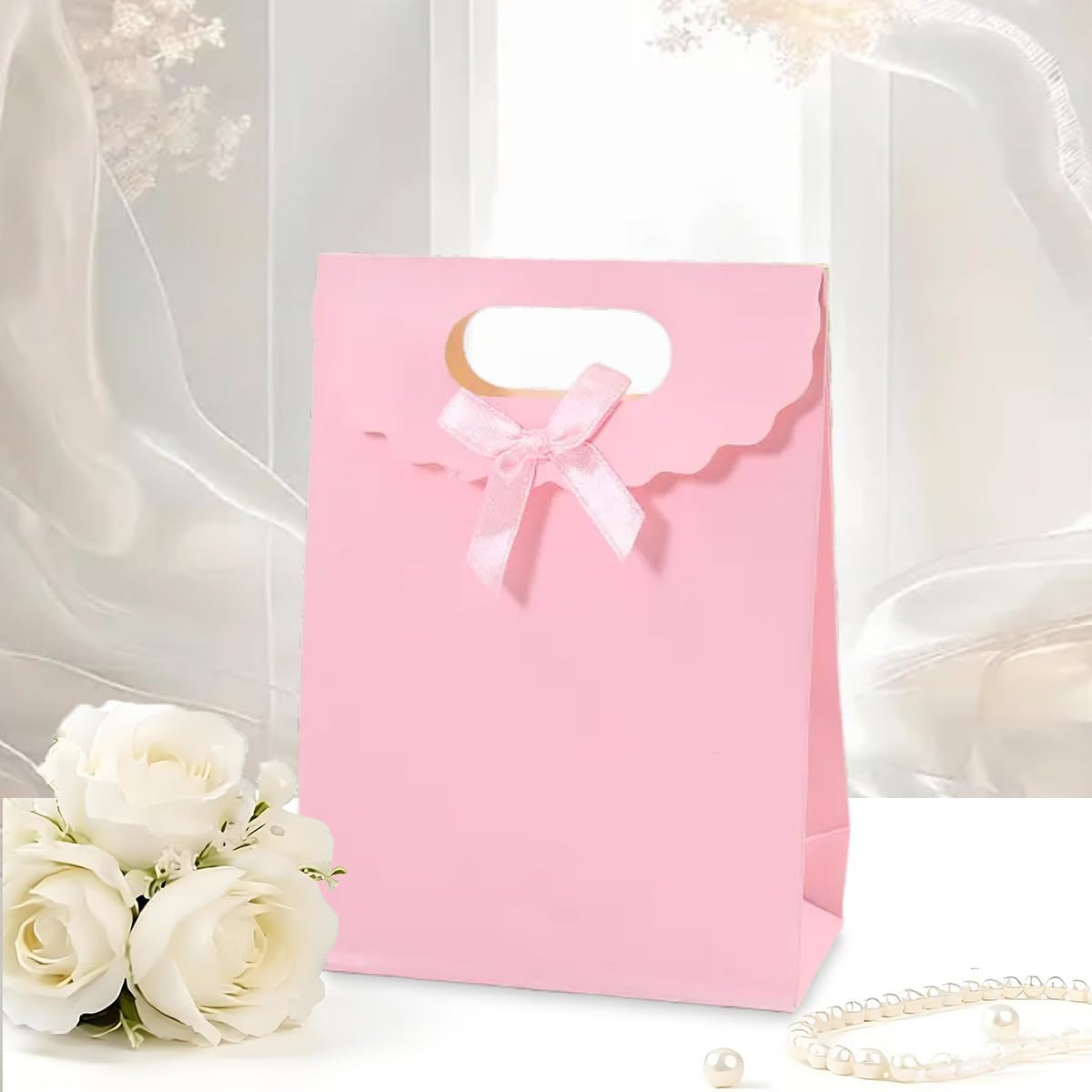 12pcs Pink Bow Gift Bags with Handles，Paper Flap Bags for Barbie Party Favors, Mothers Day, Weddings, Birthday Celebration, Baby Shower，Graduation，Valentine's Day，8.26×5.7×2.36inch