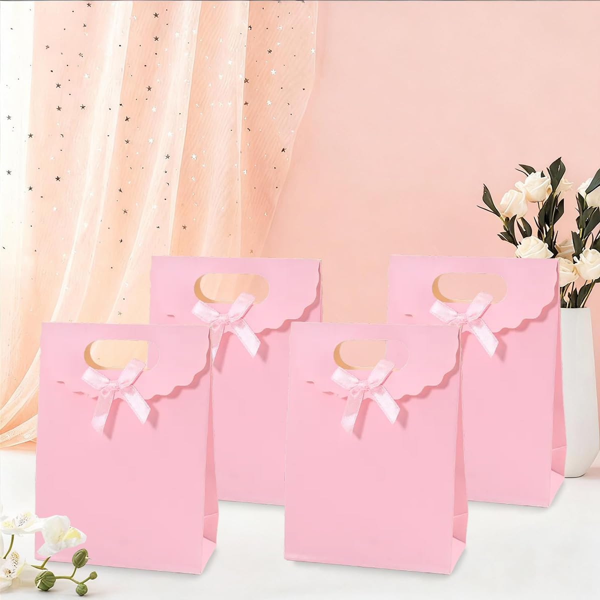 12pcs Pink Bow Gift Bags with Handles，Paper Flap Bags for Barbie Party Favors, Mothers Day, Weddings, Birthday Celebration, Baby Shower，Graduation，Valentine's Day，8.26×5.7×2.36inch