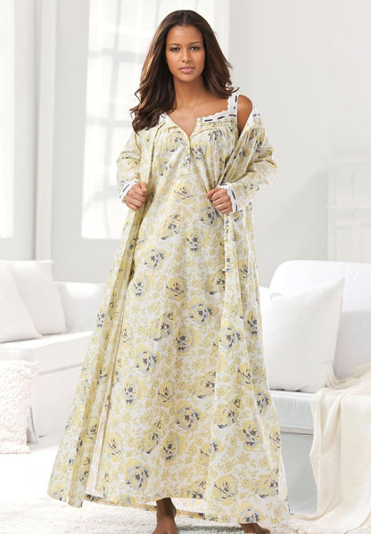 Long 2-Piece Cabbage-Rose Peignoir Set