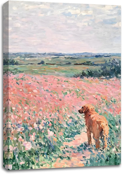 Pink Golden Retriever Field Canvas Wall Art, Girls Room, 16x24 Inch