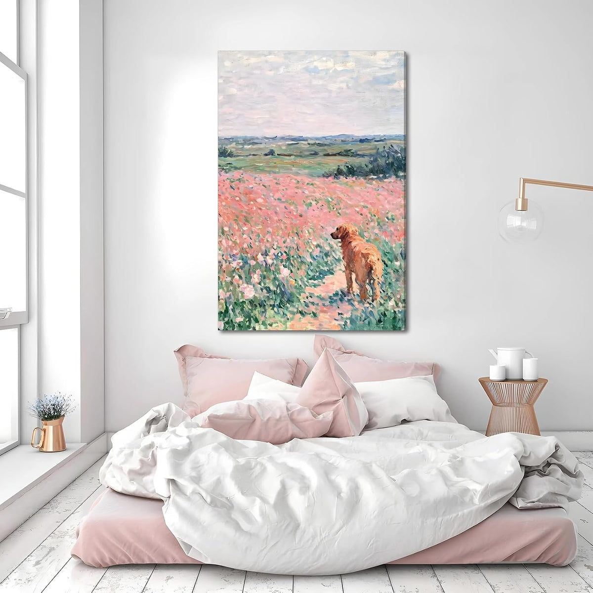 Pink Golden Retriever Field Canvas Wall Art, Girls Room, 16x24 Inch