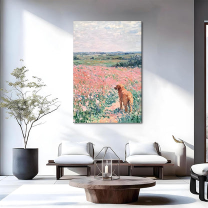 Pink Golden Retriever Field Canvas Wall Art, Girls Room, 16x24 Inch