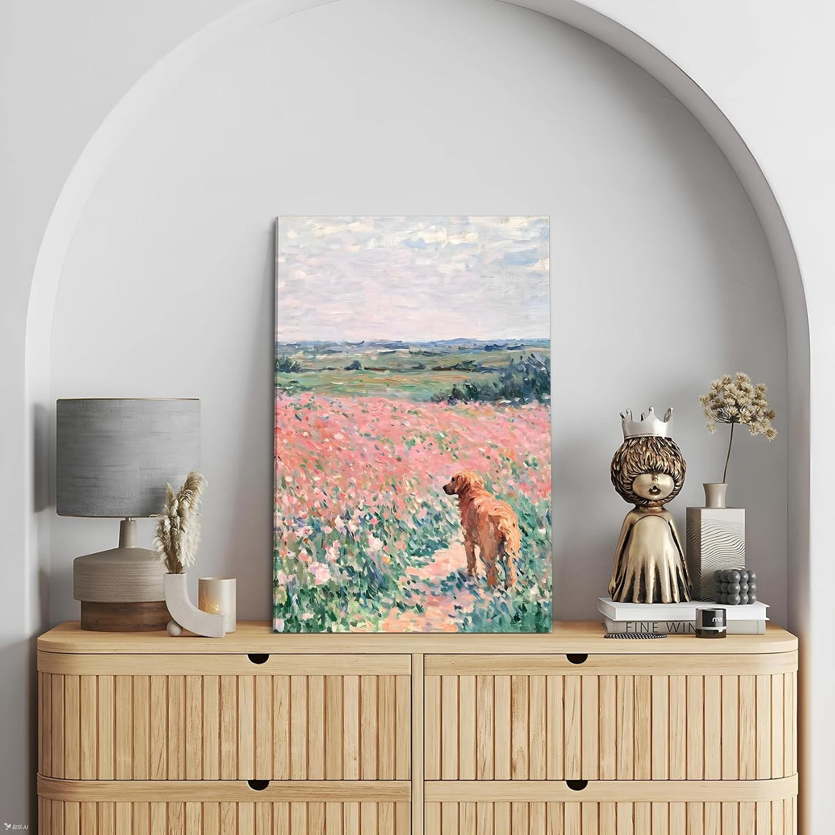 Pink Golden Retriever Field Canvas Wall Art, Girls Room, 16x24 Inch