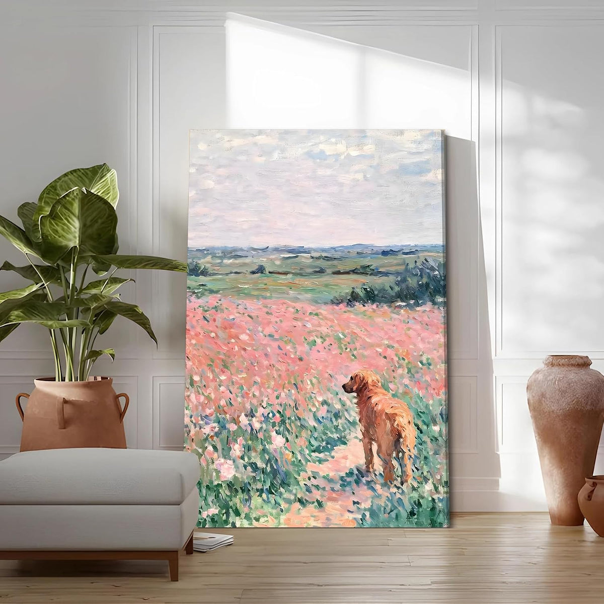 Pink Golden Retriever Field Canvas Wall Art, Girls Room, 16x24 Inch