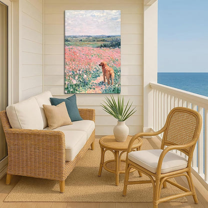Pink Golden Retriever Field Canvas Wall Art, Girls Room, 16x24 Inch