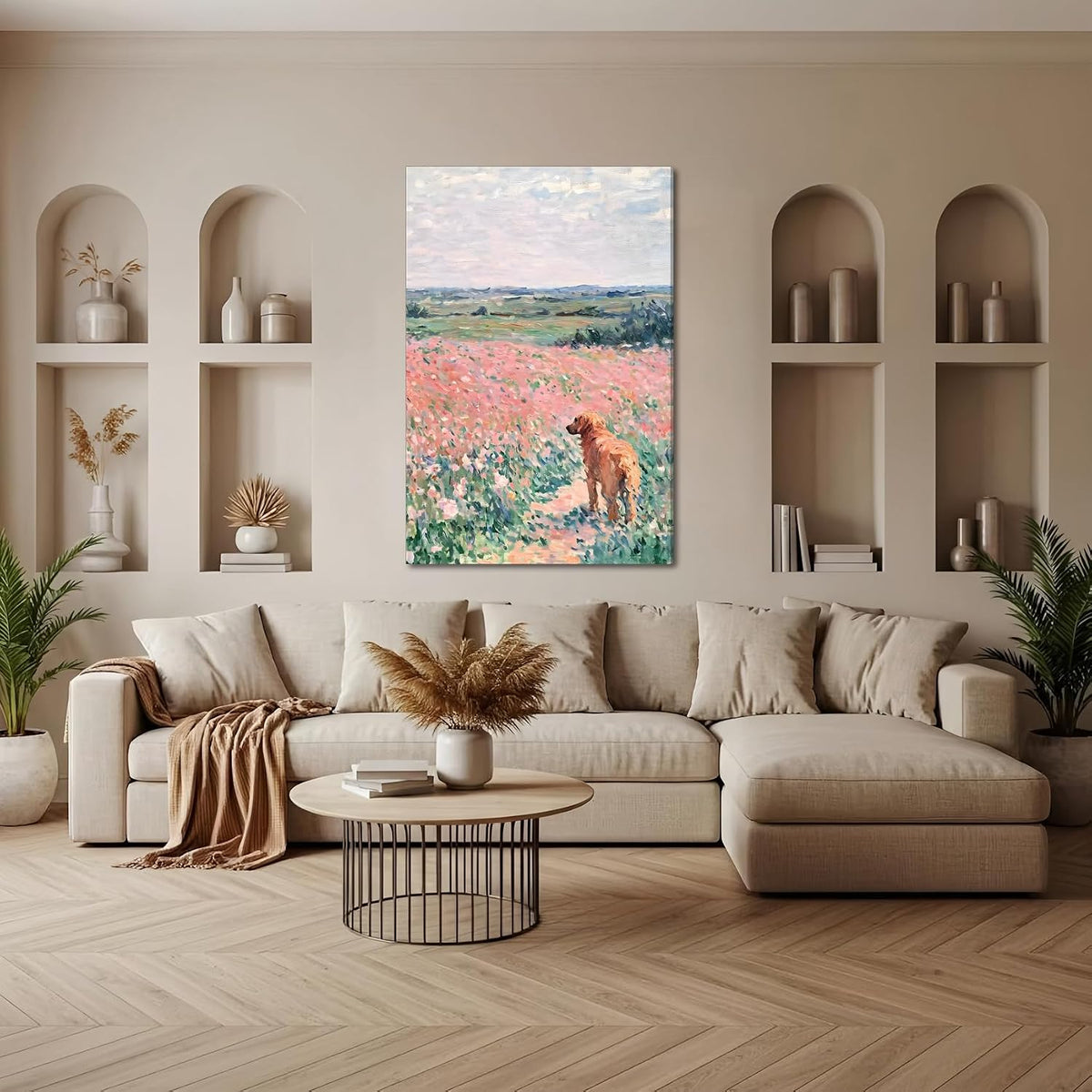 Pink Golden Retriever Field Canvas Wall Art, Girls Room, 16x24 Inch