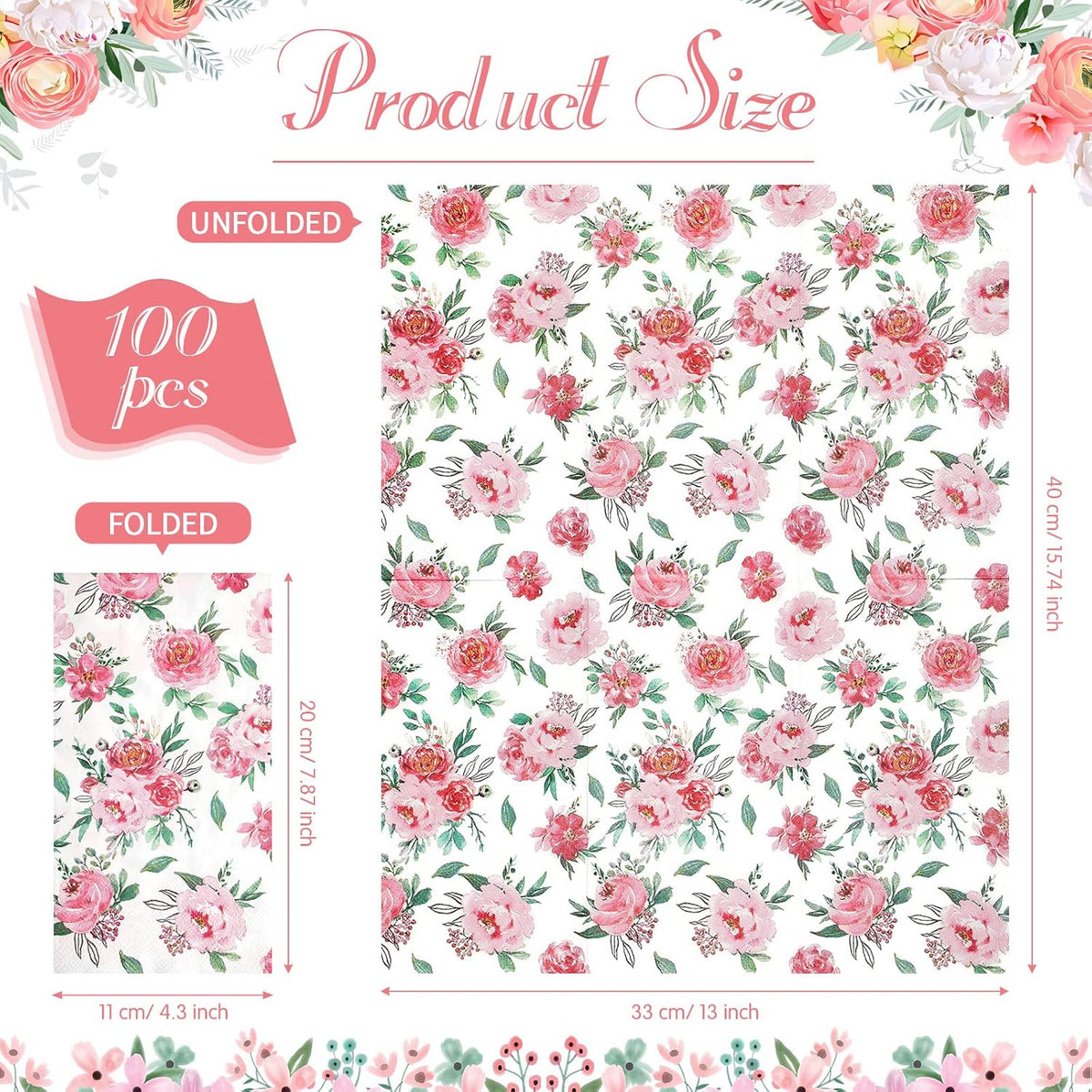 100 Pcs Floral Napkins Disposable, Pink, 100 Pcs