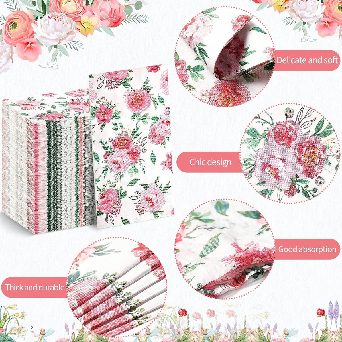 100 Pcs Floral Napkins Disposable, Pink, 100 Pcs