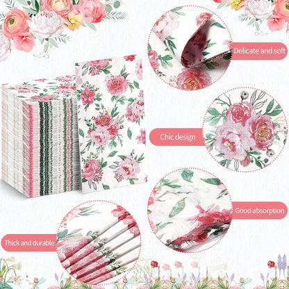 100 Pcs Floral Napkins Disposable, Pink, 100 Pcs