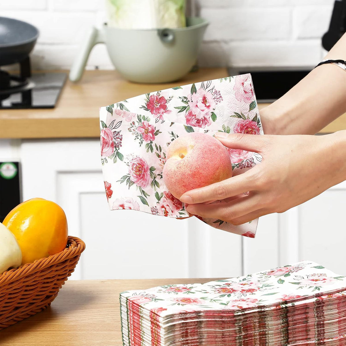 100 Pcs Floral Napkins Disposable, Pink, 100 Pcs