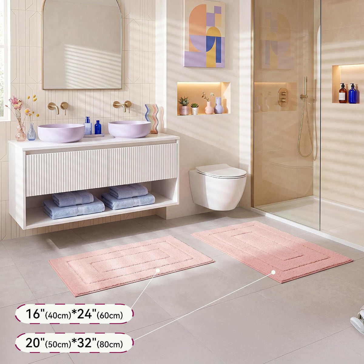 Pink Bathroom Rug 16" x 24", Non-Slip Microfiber Bath Mat