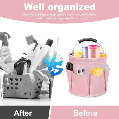 17L Cleaning Caddy with Handle, Foldable Cleaning Supply Caddy with 6 Pockets Cleaning Caddy Bag for Outdoor Camping Garden Harvest Basket Bathroom Storage (Pink)
