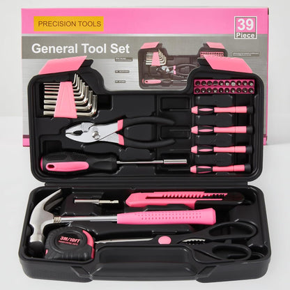 39 Piece Tool Set General Household Hand Kit With Storage Case Basics Tools for Home, Garage, Office and College Dormitory Use (Pink)
