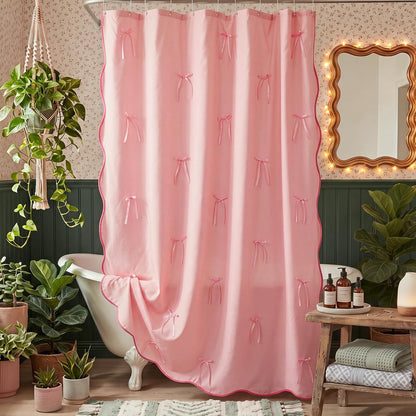Pink Shower Curtain with 3D Pink Bow Ribbon