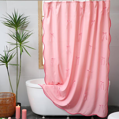 Pink Shower Curtain with 3D Pink Bow Ribbon