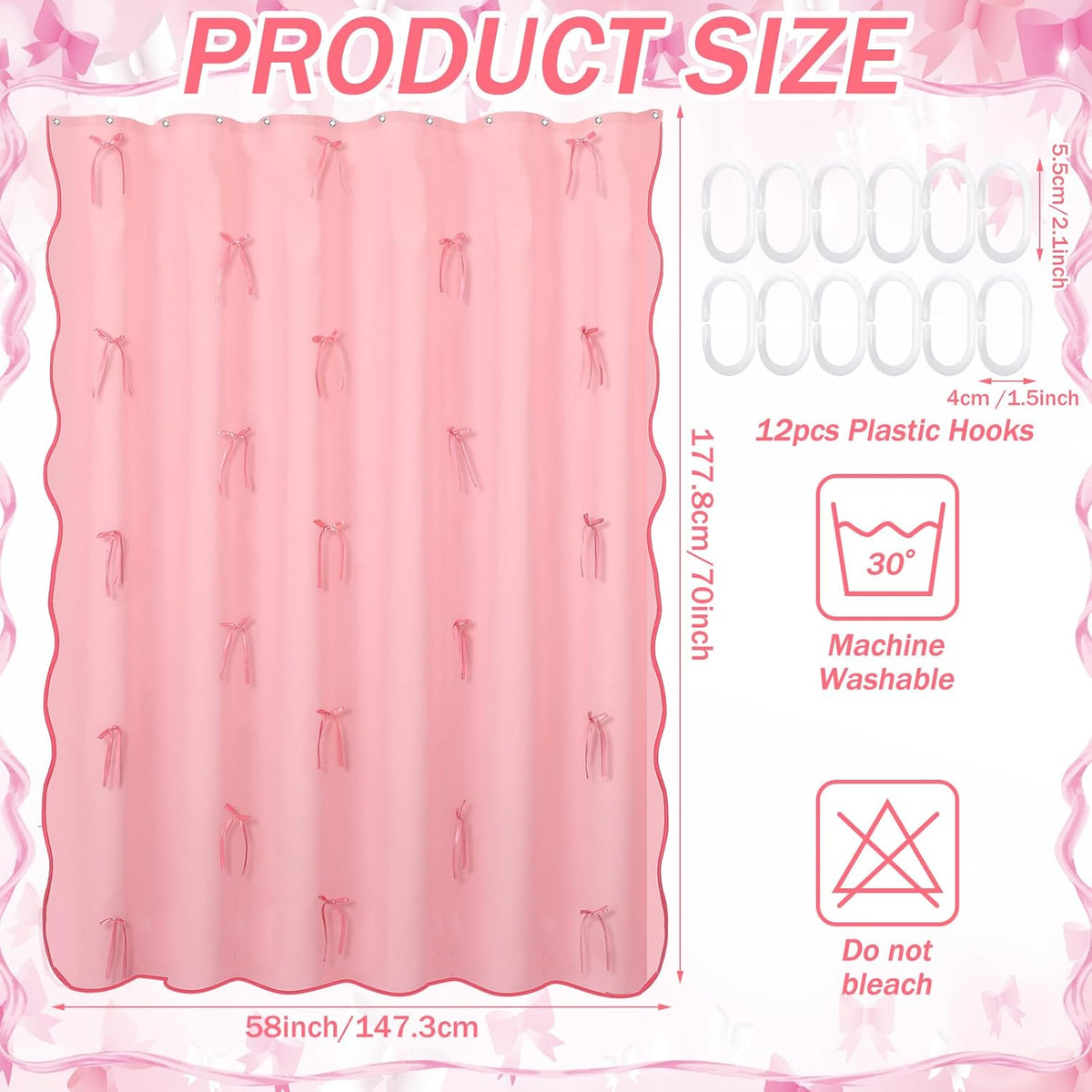 Pink Shower Curtain with 3D Pink Bow Ribbon