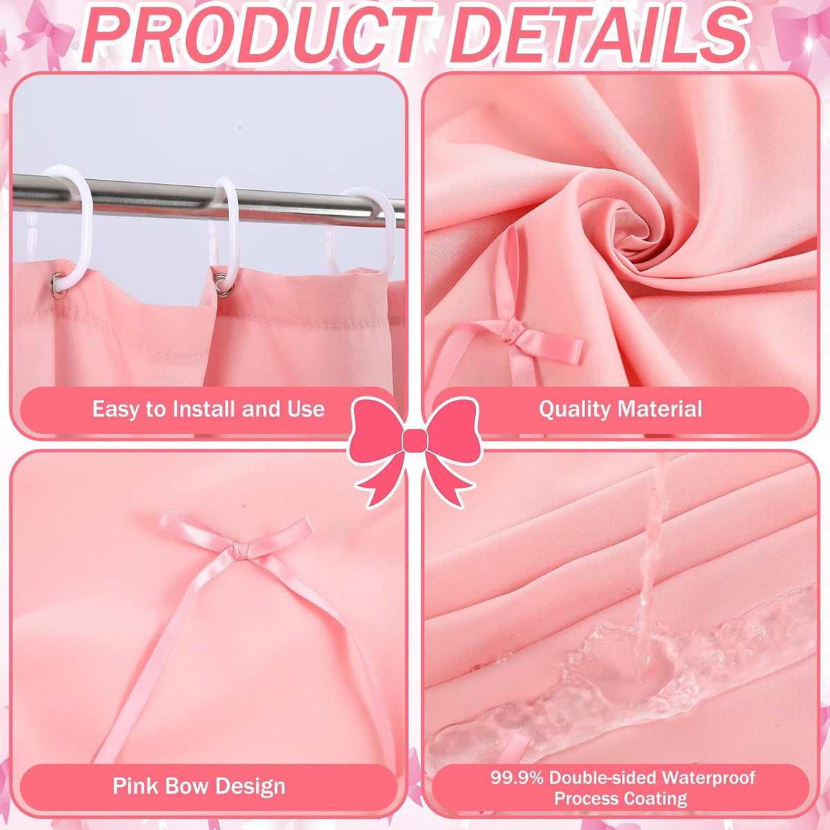 Pink Shower Curtain with 3D Pink Bow Ribbon