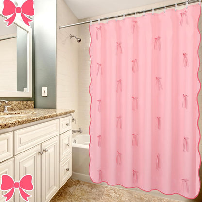 Pink Shower Curtain with 3D Pink Bow Ribbon