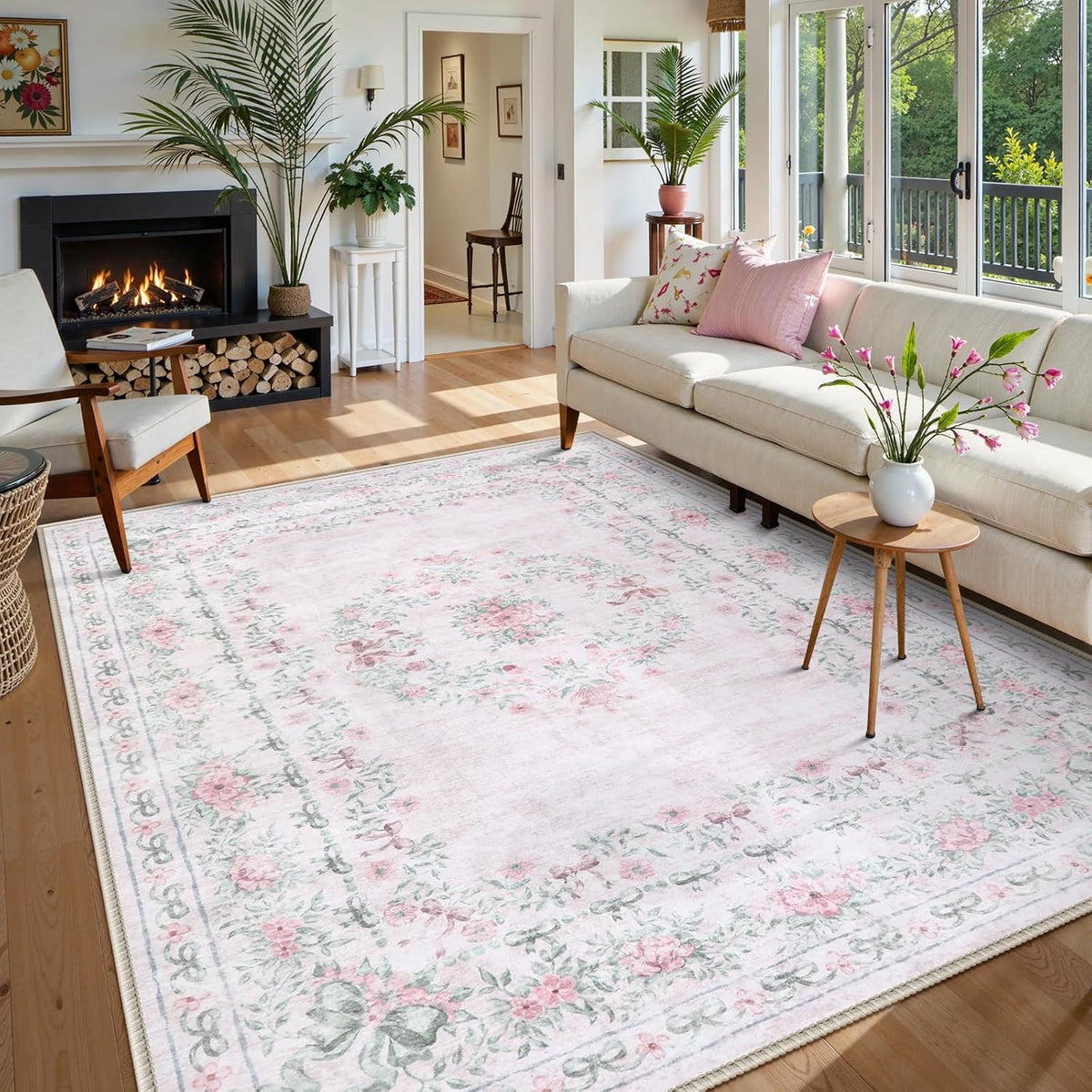 Floral Bow Print 8x10 Area Rugs, Washable Pink Rugs for Bedroom Girls, Boho Ultra-Thin Soft Non Slip Carpet for Nursery Living Room Kids Room Classroom Decor, Light Pink