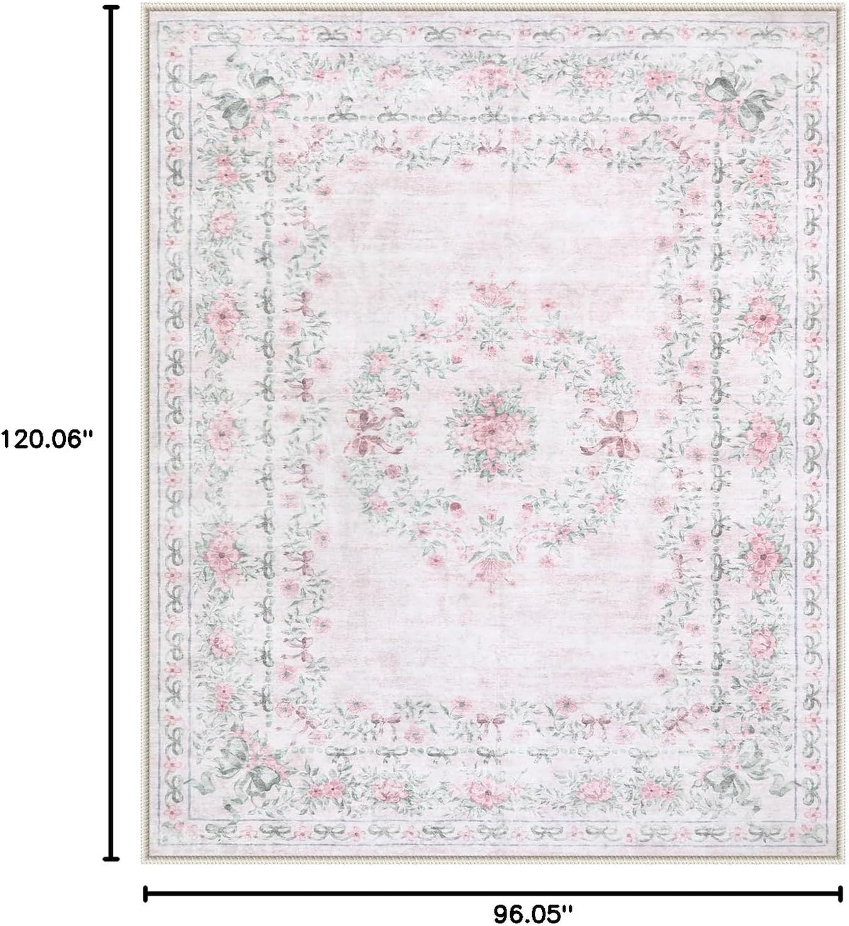 Floral Bow Print 8x10 Area Rugs, Washable Pink Rugs for Bedroom Girls, Boho Ultra-Thin Soft Non Slip Carpet for Nursery Living Room Kids Room Classroom Decor, Light Pink