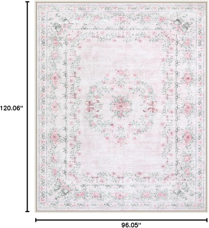 Floral Bow Print 8x10 Area Rugs, Washable Pink Rugs for Bedroom Girls, Boho Ultra-Thin Soft Non Slip Carpet for Nursery Living Room Kids Room Classroom Decor, Light Pink