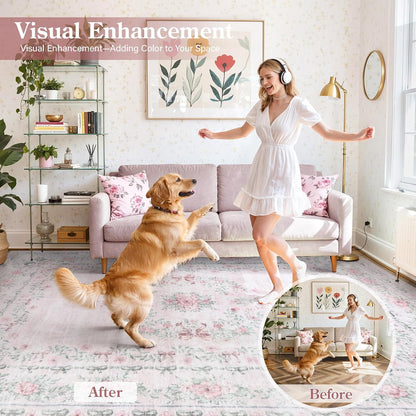 Floral Bow Print 8x10 Area Rugs, Washable Pink Rugs for Bedroom Girls, Boho Ultra-Thin Soft Non Slip Carpet for Nursery Living Room Kids Room Classroom Decor, Light Pink