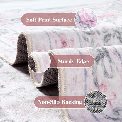 Floral Bow Print 8x10 Area Rugs, Washable Pink Rugs for Bedroom Girls, Boho Ultra-Thin Soft Non Slip Carpet for Nursery Living Room Kids Room Classroom Decor, Light Pink